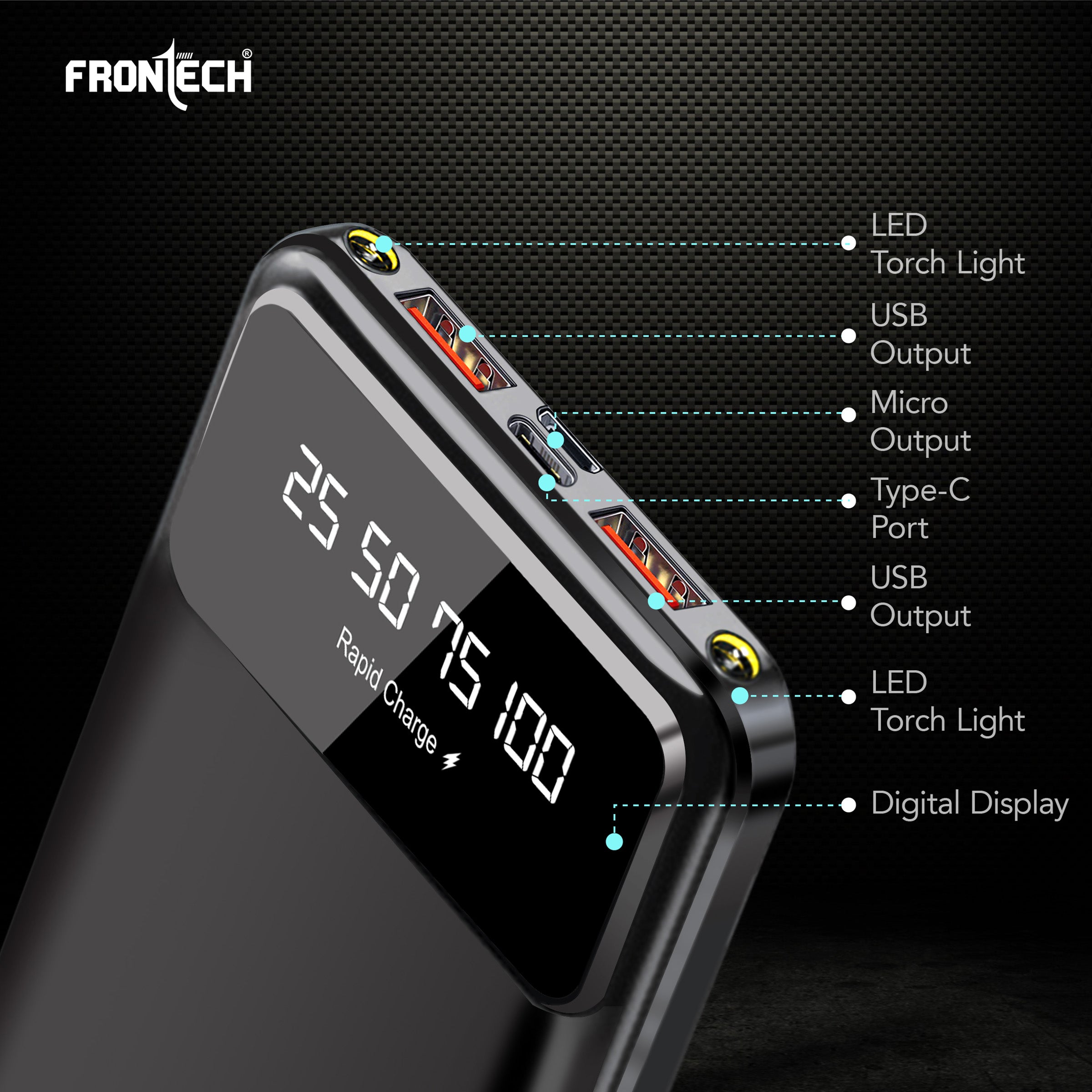 Frontech 10000mAh Power Bank | 22.5W Rapid Charging | Dual USB Output & Type-C Input | LED Torch Light & Battery Indicator | Li-Polymer Battery (PB-0006) Frontech 10000mAh Power Bank | 22.5W Rapid Charging | Dual USB Output & Type-C Input | LED Torch Light & Battery Indicator | Li-Polymer Battery (PB-0006)